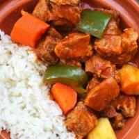Beef Caldereta Platter · spanish-style angus beef stew on rice platter