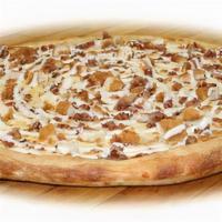 Chicken Bacon Ranch Pizza · Ranch sauce base with mozzarella cheese, topped with breaded chicken and bacon with a swirl ...