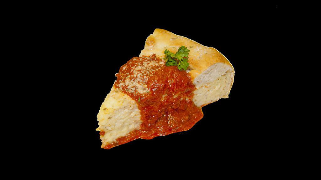Pasta Pie · Deep dish pizza crust with angel hair pasta, baked in a Romano cheese sauce, then topped with marinara.