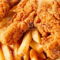 Kid'S Chicken Tenders And Fries · Fresh breaded chicken tenders served with our french fries.
