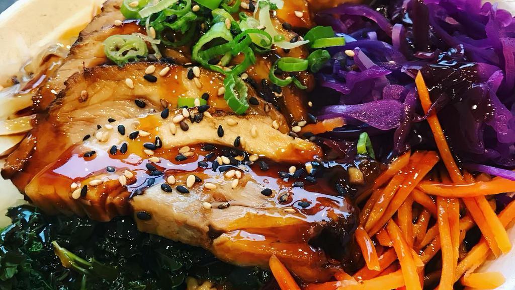 Chashu Pork Belly Teriyaki Rice Bowl · Includes kale, onions, carrots, yellow squash, purple cabbage and boiled egg.