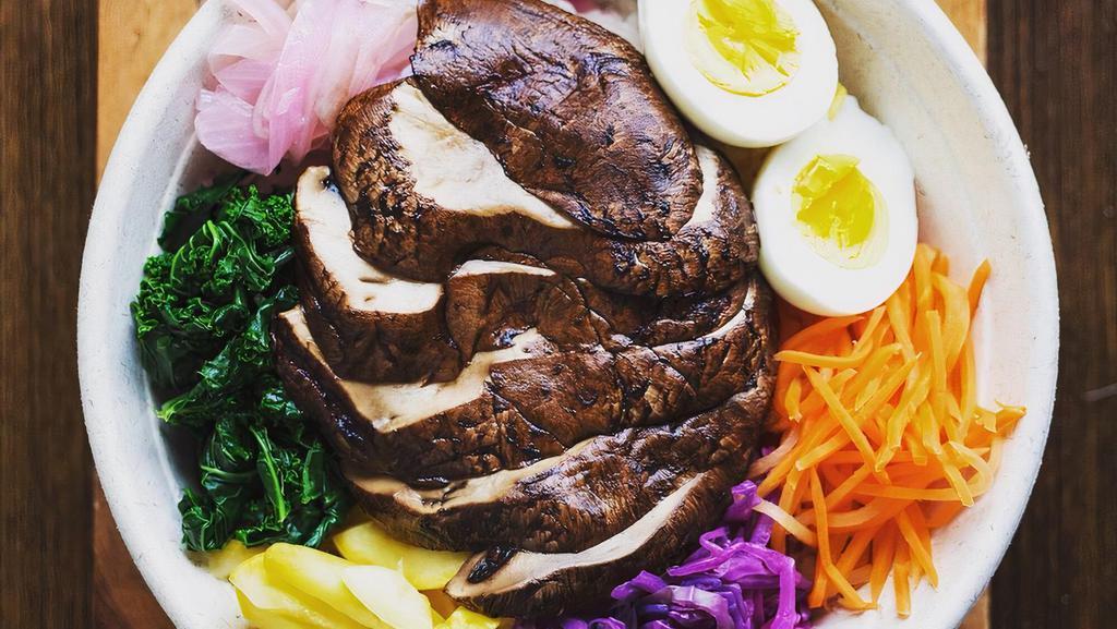Portobello Mushrooms Teriyaki Rice Bowl · Vegan, Gluten-free. Includes kale, onions, carrots, yellow squash, purple cabbage and boiled egg.