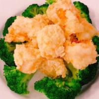 Crispy Prawns & Scallops · Hot and spicy. Crispy jumbo shrimp, scallops, and broccoli with hot chili sauce.
