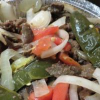 Bistec Ala Mexicana · Carne asada with tomato, onion and jalapeño pepper. Served with rice, beans, and tortillas.