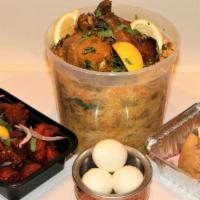 Biryani Bucket Meal Pack  -  Fri,Sat,Sun Only · Bucket of Biryani ( Veg. or Chicken) + Starter (Mini Samosa) + Dessert of the day + Soda