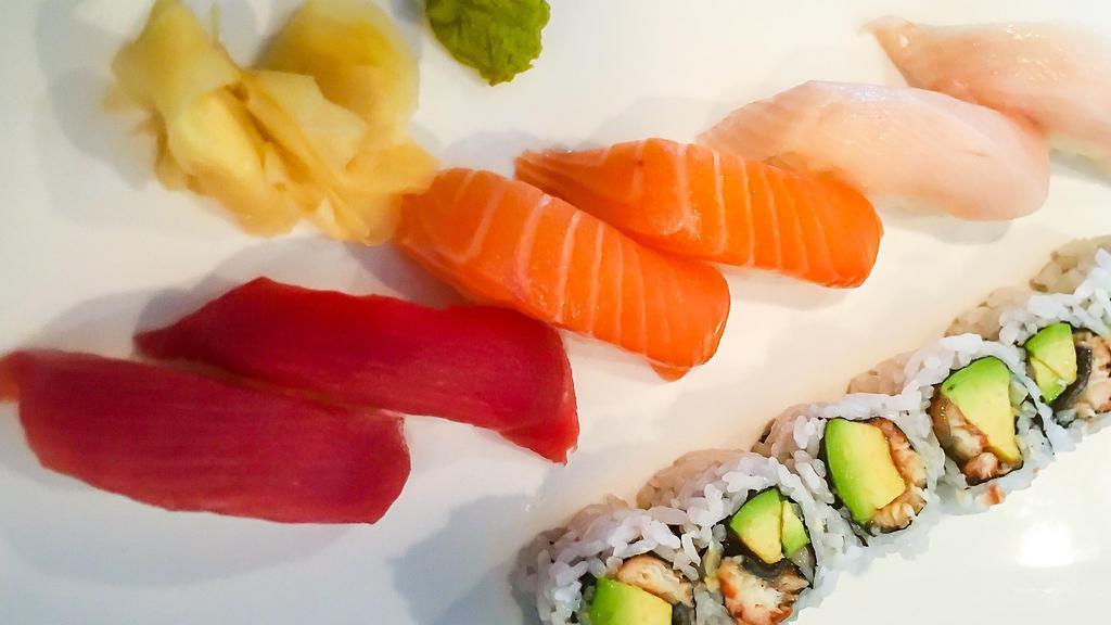 Sakana Sushi · 2 yellowtail, 2 tuna, 2 salmon and 1 Eel avocado roll.