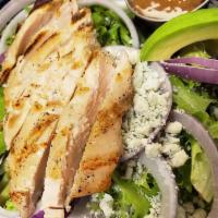 Grilled Chicken Salad · Grilled Chicken Breast, with Hard Boiled Egg, Red Onion, and Blue Cheese Crumbles with Balsa...