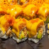Mitsuba Roll · 1 pepper tuna and cucumber inside with salmon eel and avocado on the top special sauce.