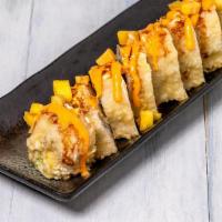 Crazy Friday Roll · Tempura-fried king crab and avocado topped with cream cheese and mango. Served with eel sauc...
