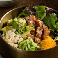 Salmon Avocado · Made with either rice or noodles featuring seared salmon, avocado, crumbled tofu, mixed gree...
