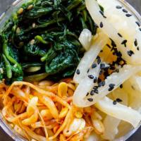 Tri-Color Namul · Trio of garlic spinach, spiced bean sprouts, and steamed radish. VEGAN AND GLUTEN FREE!