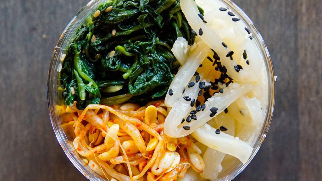 Tri-Color Namul · Trio of garlic spinach, spiced bean sprouts, and steamed radish. VEGAN AND GLUTEN FREE!