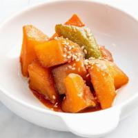 알 감자조림 Braised Potato & Sweet Pepper · Yukon gold potatoes braised with sweet pepper, soy sauce and oil.
