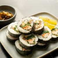Kimbap · Korean rice roll. Vegetables, egg, and crab sticks with choice of toppings rolled with dried...