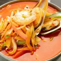 Seafood Jjambbong · Spicy. Stir-fried spicy noodle soup. Noodles, vegetables in kelp based spicy vegetables brot...