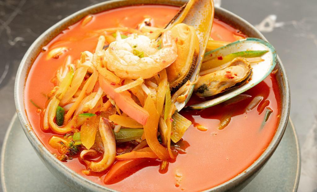 Seafood Jjambbong · Spicy. Stir-fried spicy noodle soup. Noodles, vegetables in kelp based spicy vegetables broth with choice of toppings.