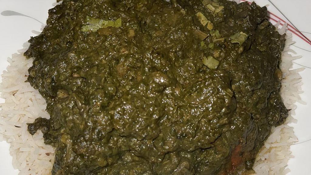 Saag Gosht · Spiced lamb chunks, creamed spinach and ginger. Comes with rice.