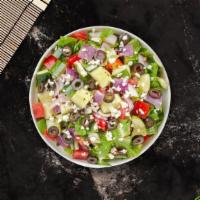 Feast Greek Salad · (Vegetarian) Romaine lettuce, cucumbers, tomatoes, red onions, olives, and feta cheese tosse...