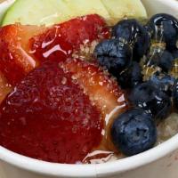 Berry Blend Oatmeal Bowl · Steel cut oats, granola, strawberry, blueberry, banana and honey.
