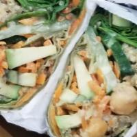 Vegetable Wrap ( Vegan) · Chickpeas, brown rice, quinoa, mix greens, avocado, carrots, cucumbers, Creamy Cilantro Vina...