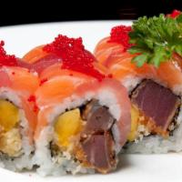 Ruby Roll · Spicy pepper tuna mango crunch roll with soybean paper tuna and salmon on top wasabi chili s...