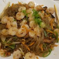 Shrimp Jab-Chae · Sweet potato noodles with vegetables, mushroom and shrimp.