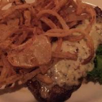 Frank’S Stilton Steak (12 Oz) · USDA prime aged NY strip, topped with melted Stilton cheese and crispy fried onions.