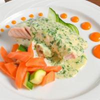 8 Oz Pan Seared Salmon · Served with Cucumber and Dill Sauce