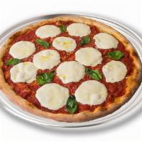 Margherita (Large) · Plum tomato sauce, fresh mozzarella, fresh basil, and drizzled with extra virgin olive oil.