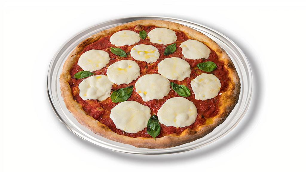 Margherita (Small) · Plum tomato sauce, fresh mozzarella, fresh basil, and drizzled with extra virgin olive oil.