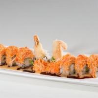 Angry Dragon · Shrimp tempura and avocado, topped with spicy kani and orange edamame sauce.
