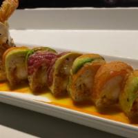 Sex On The Beach* · Shrimp tempura, spicy tuna inside, soy nori wrap, topped with salmon, tuna and avocado, and ...