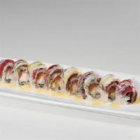 Amazing Roll* · Spicy tuna, white tuna tempura and avocado inside, topped with pepper tuna, coconut mayo sau...