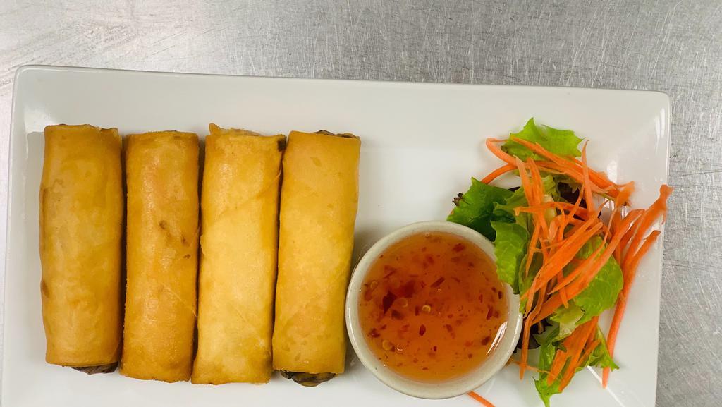 Spring Rolls (4) · Deep-fried egg roll skin stuffed with cabbage, glass noodle