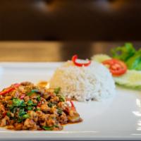 Kra Pao · Sautéed Thai basil, long hot pepper, string bean, bell pepper, garlic chili sauce.