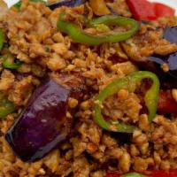Eggplant Chicken Basil Sauce  · Sautéed ground chicken, eggplant, red peppers, basil, long hot peppers in spicy garlic chili...