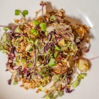 Brussels Sprout Salad · Shaved sprouts, charred radicchio, micro greens, sunflower sherry vinaigrette