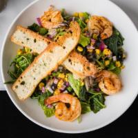 Shrimp & Kale Salad · Grilled shrimp, kale, romaine, black olives & red onion with a honey balsamic