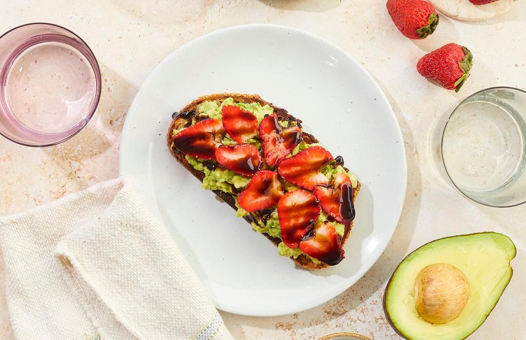 Strawberry Fields Avocado Toast · Avocado toast with strawberry and balsamic vinegar.