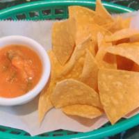 Chips & Salsa · Tortilla chips with side of green and red salsa.