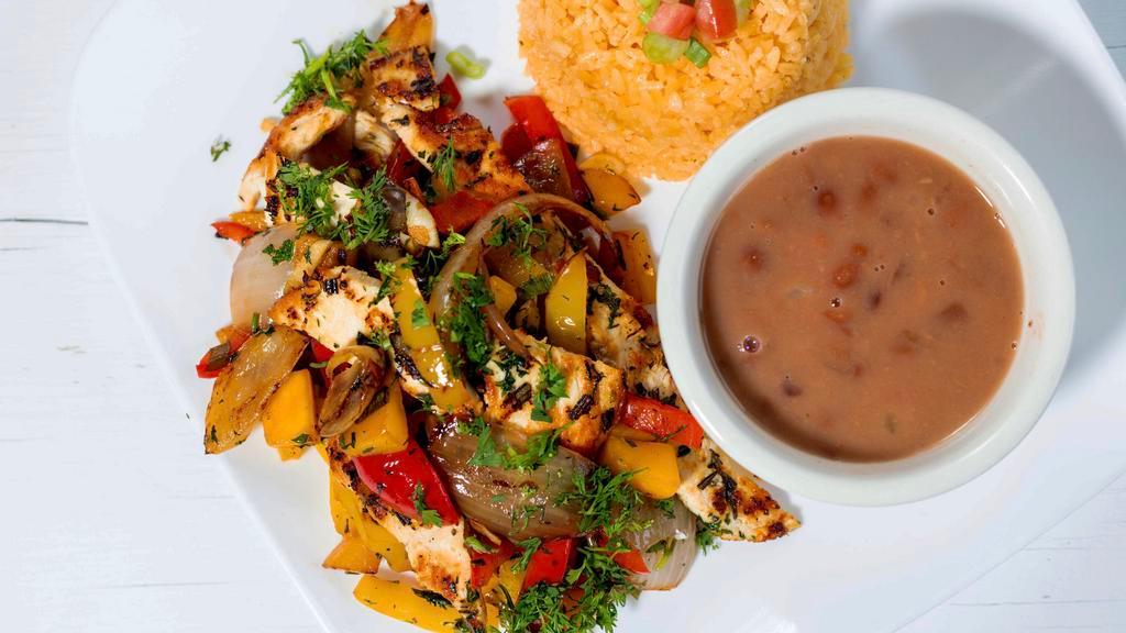 Grilled Chicken W/ Mango · Grilled chicken served with sauteed onions, peppers, mango & cilantro with rice & beans.