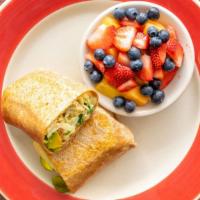 Sunrise Wrap · Egg white, spinach, avocado, roasted red peppers and Swiss cheese in a wheat wrap.  Served w...