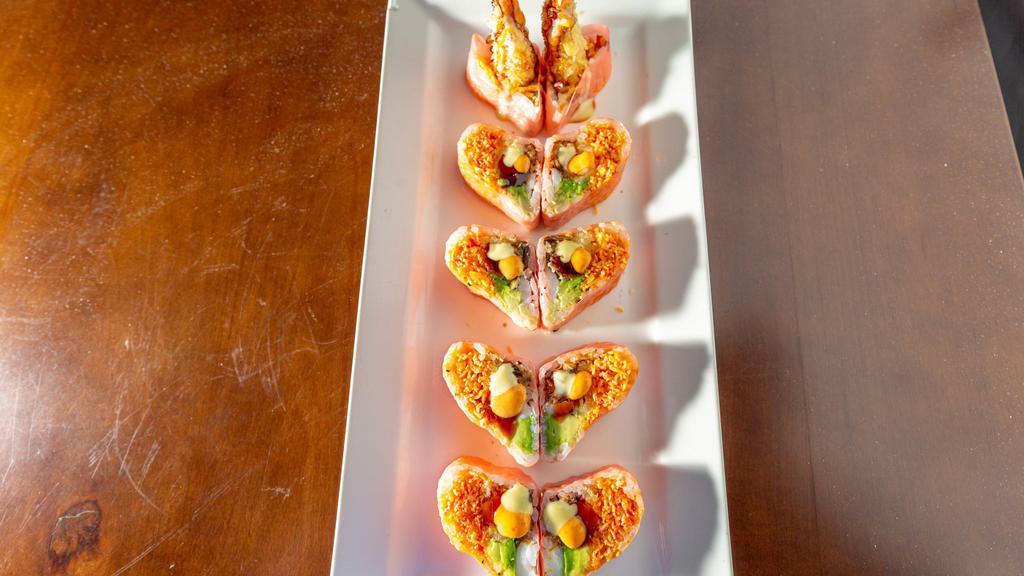 Sweet Heart Roll · Shrimp tempura, spicy tuna, avocado inside wrapped in pink soybean paper