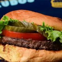 Kudos Burger · 100% juicy Angus beef grilled to perfection on a toasted bun with tomato, pickles, and icebe...