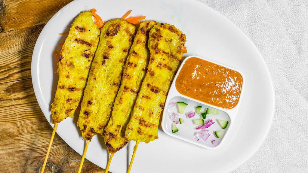 Satay (3 Pieces) · Choice of protein skewers marinated, satayed, and served with a peanut dipping sauce and cucumber salad.