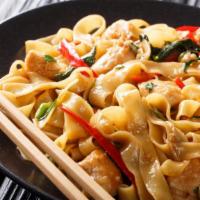 Drunken Noodles · Hearty noodles loaded with the protein of choice in a traditional savory Thai sauce.