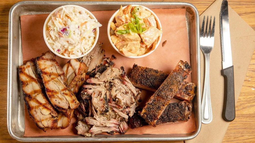 Three Pigs · pork belly, pulled pork, pork ribs. sides: cole slaw, potato salad (no substitutions)