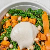 Warm Kale Salad · (Vegan) Chickpeas, sweet potato, carrots, citrus cilantro dressing & scoop hummus.