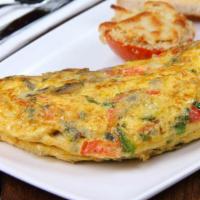 Cali Omelettes · Fluffy, three egg omelette with sautéed spinach, tomatoes, onions, mushrooms with creamy sli...