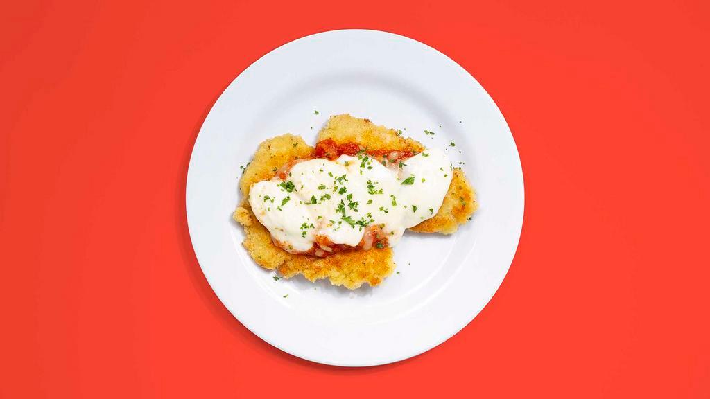 Chicken Parmesan · Breaded chicken cutlet topped with marinara sauce and melted mozzarella cheese. Served with your choice of pasta, potatoes or veggies on the side.
